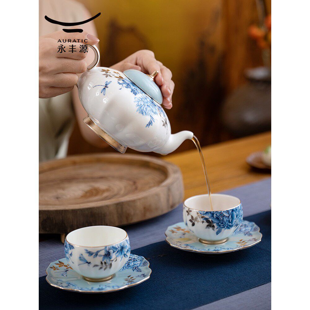 永丰源白金蓝白六头陶瓷茶具高端茶壶茶杯二人礼盒