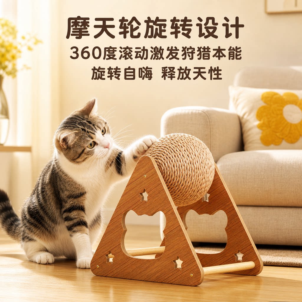 剑麻猫抓板木质摩天轮猫抓板立式猫抓板猫咪玩具磨爪板宠物用品