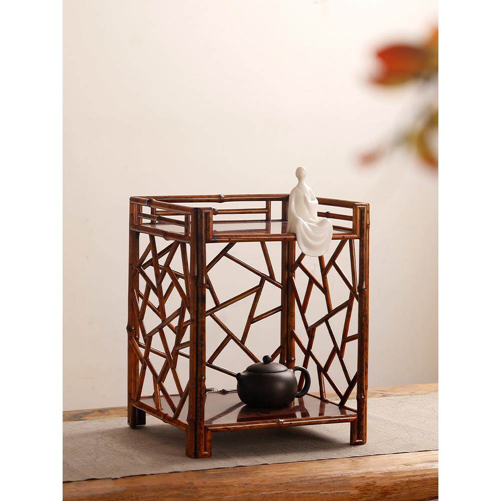 梅鹿竹窗格茶棚柜博古架摆件置物架双层收纳架桌面茶道茶具展示架