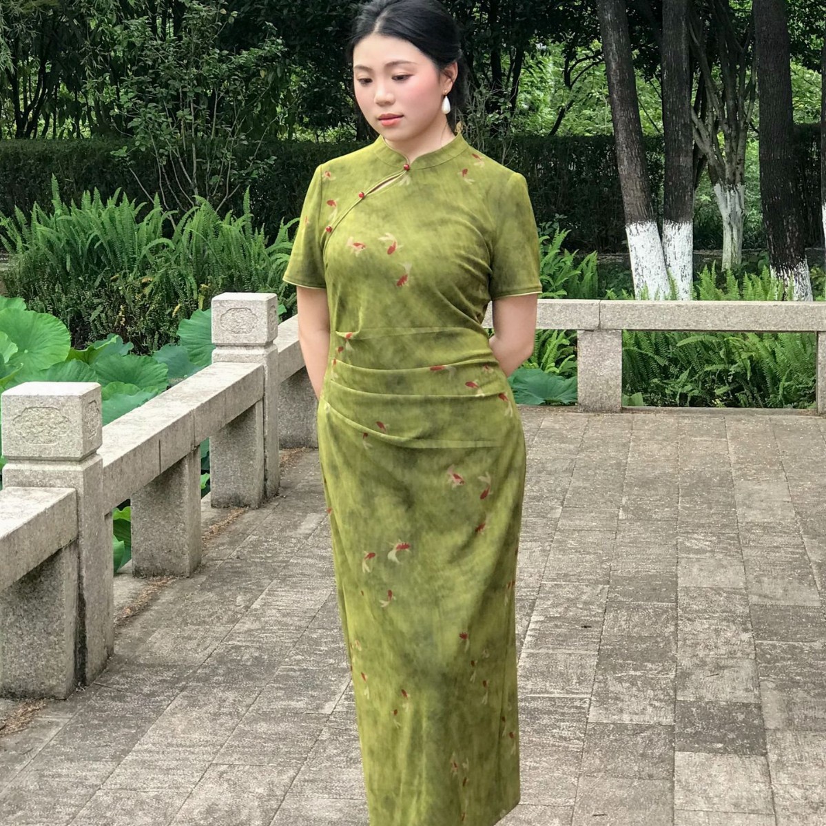 2026新款63446胖MM夏季新款绿色送考旗袍复古印花修身新中式国风