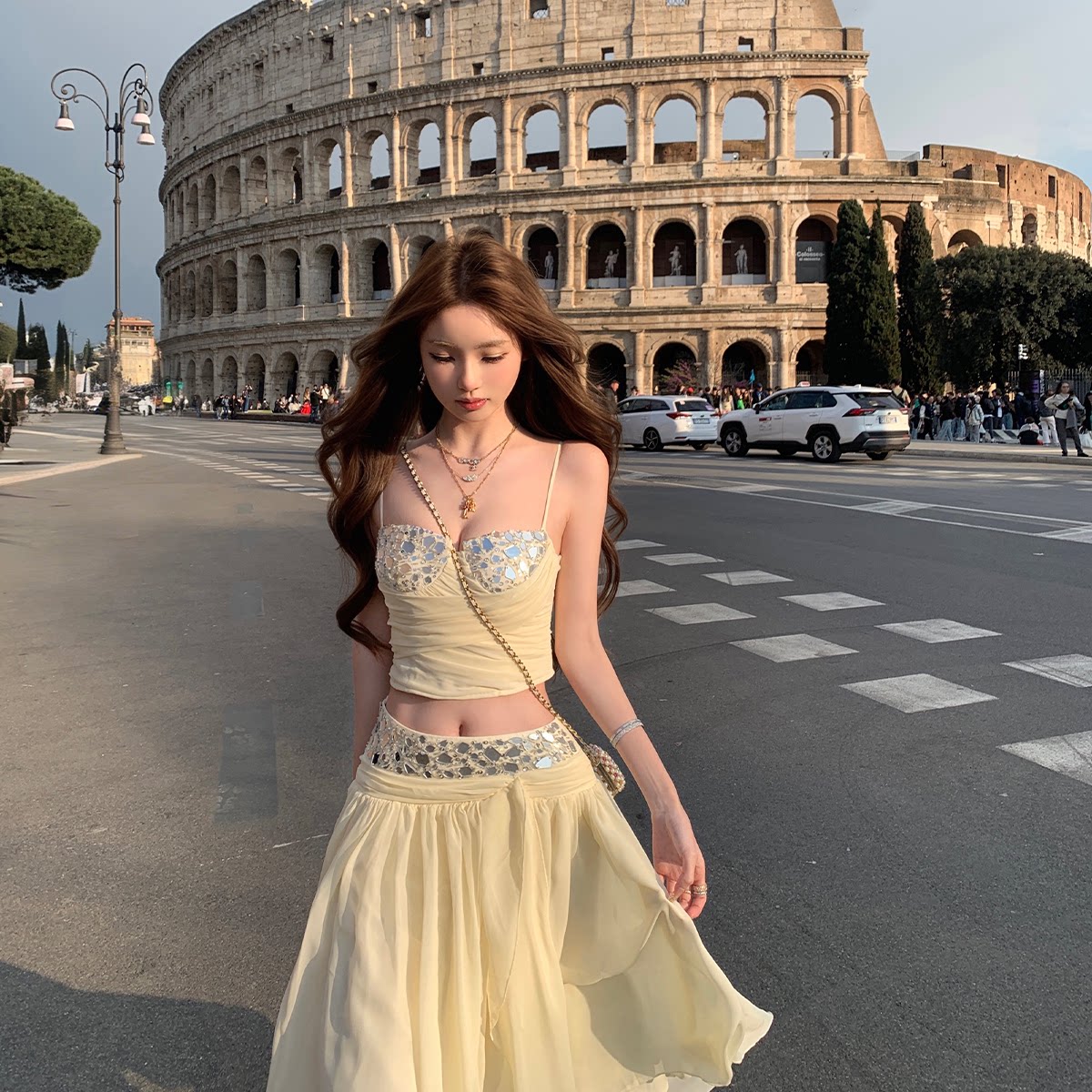 你的懒懒llan【罗马契约】高级感重工碎钻套装女上衣+不规则半裙