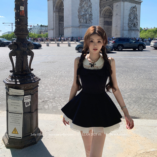 欧根纱蕾丝刺绣假两件大A裙摆连衣裙女 女校风波 你 懒懒llan