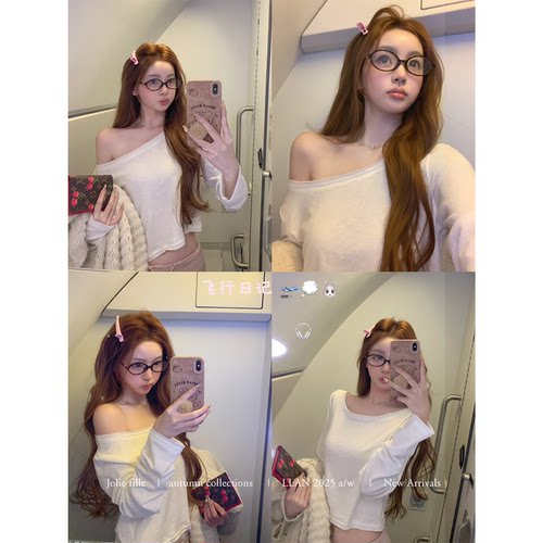 你的懒懒llan斜肩长袖套头t恤