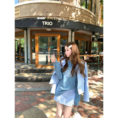 你的懒懒llan格纹衬衫短裙长袖T