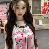 懒懒llan 拉拉队Barbie 高温烫钻工艺美式 你 复古无袖 球衣上衣