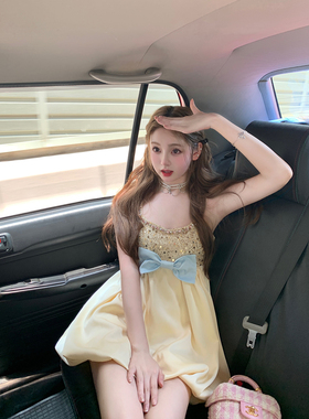 你的懒懒llan 纯爱天使驾到 珠片吊带A字连衣裙蝴蝶结纯欲公主裙