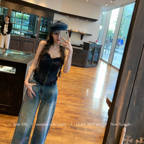 你的懒懒llan复古小香烫钻牛仔裤