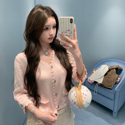 你的懒懒llan【25C娇娇千金】精致优雅细密花边V领针织开衫女新款