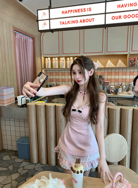 你的懒懒llan 天使坠入爱河 粉色高品缎面手工水钻吊带连衣裙甜美