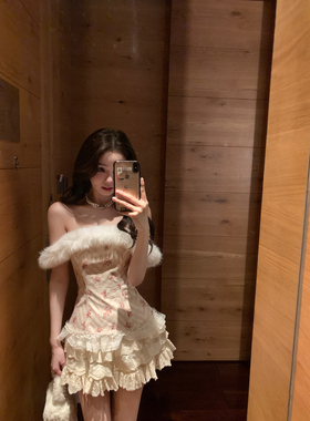 你的懒懒llan 中古娇俏系列 高级感毛毛抹胸+蕾丝半裙