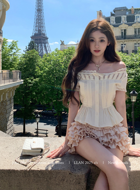 你的懒懒llan【香榭丽舍】娇俏感蕾丝一字肩绑带透气衬衫上衣女