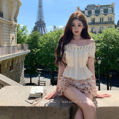 你的懒懒llan蕾丝一字肩衬衫上衣