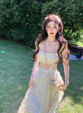 你的懒懒llan【夏日么么茶】重工刺绣立体提花流苏套装抹胸+半裙