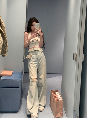 你的懒懒llan【私服acn*】街头风显腿长做旧直筒宽松破洞牛仔裤女