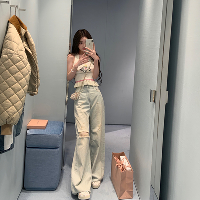 你的懒懒llan【私服acn*】街头风显腿长做旧直筒宽松破洞牛仔裤女