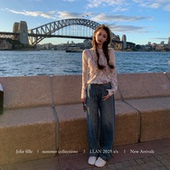 拉长比例复古水洗做旧破洞宽松牛仔裤 绿松石 女 懒懒llan 你