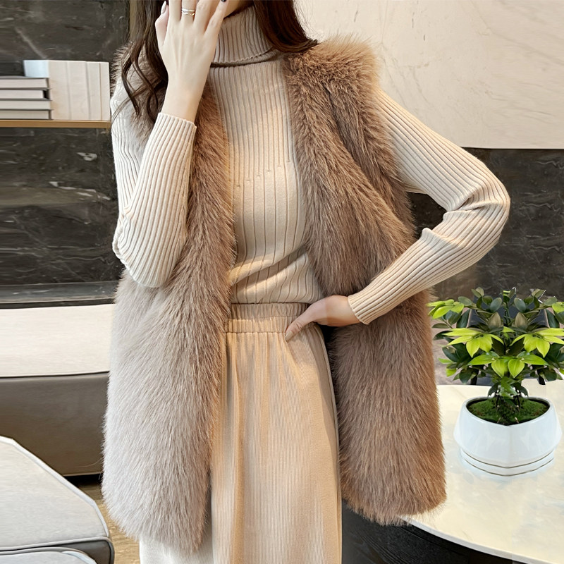 秋冬新款环保皮草马甲女中长款仿貉子毛编织背心显瘦狐狸毛马夹