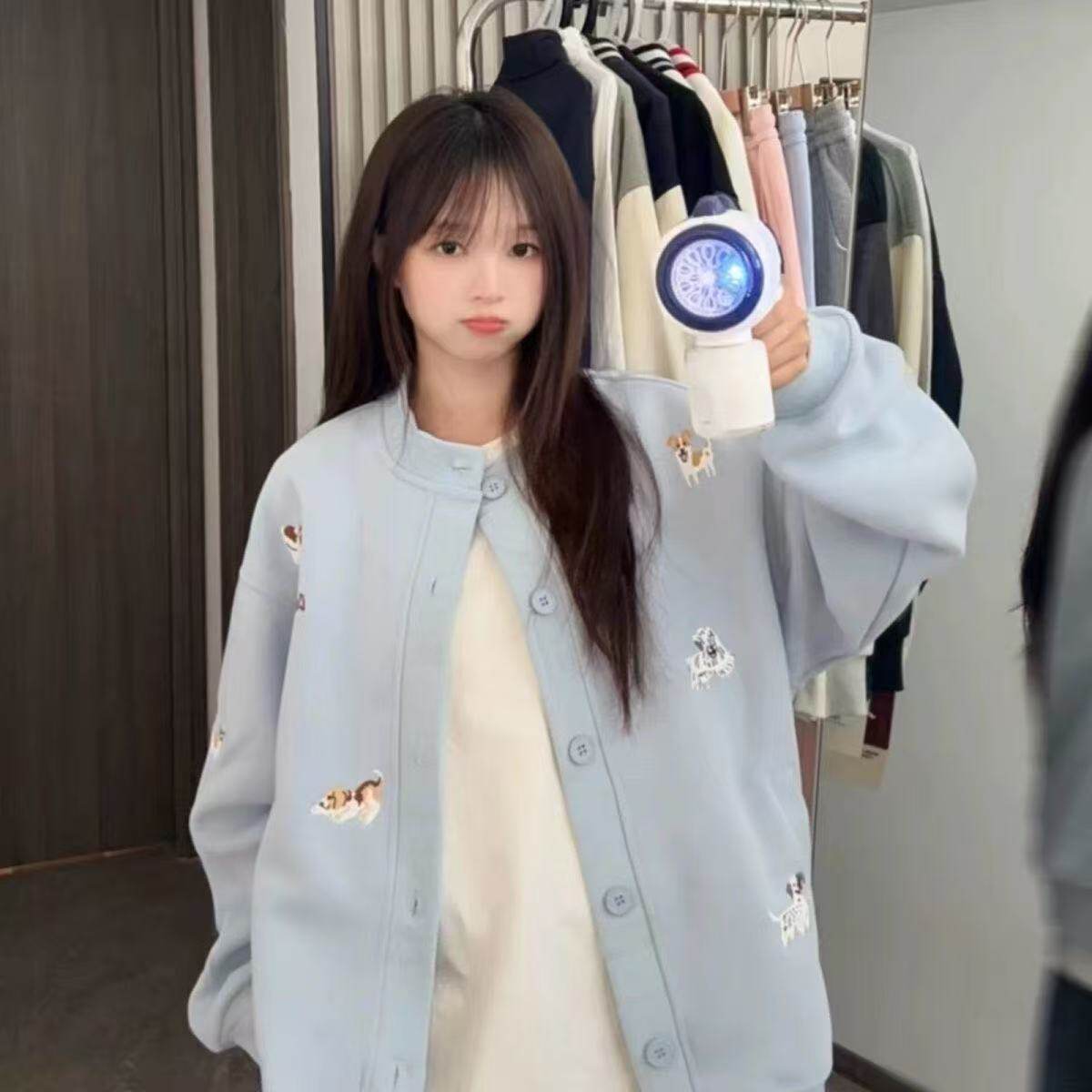 卡通小狗刺绣开衫宽松慵懒风国潮牌立领夹克卫衣男女外套秋冬款