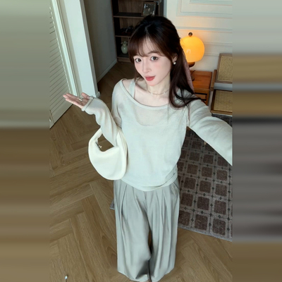 韩系氛围感绿色针织吊带两件套装女2025新款早秋巨好看穿搭一整套