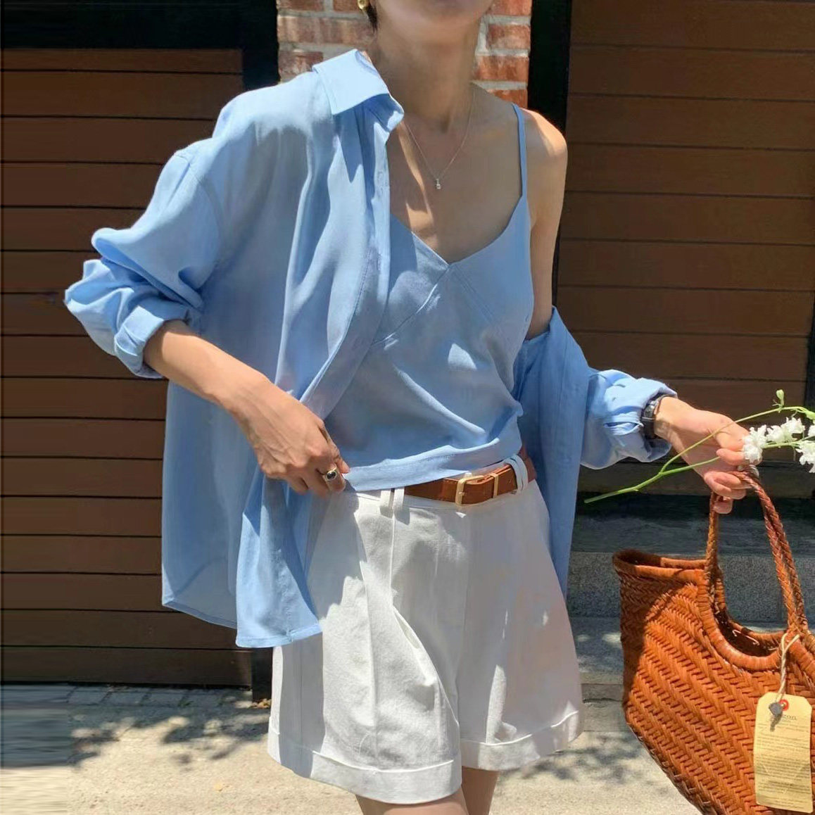 尺寸已更新 韩国松弛舒适感 纯色宽松翻领衬衫+吊带小背心 套装