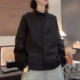 黑色长袖衬衫女早秋季新款衬衣简约百搭宽松显瘦时尚气质纯色上衣