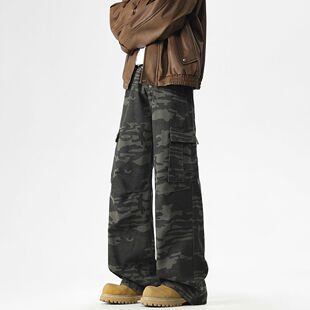 nologo official美式高街迷彩牛仔裤男女款宽松直筒工装阔腿裤潮