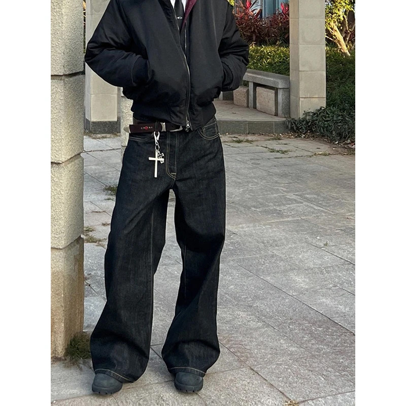 nologo official丹宁原牛阔腿牛仔裤男士春秋宽松潮流直筒长裤子