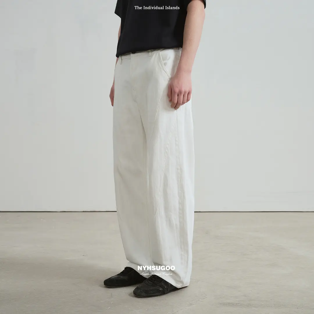 nologo official白色梭织阔腿牛仔裤男生潮牌宽松直筒弯刀长裤子