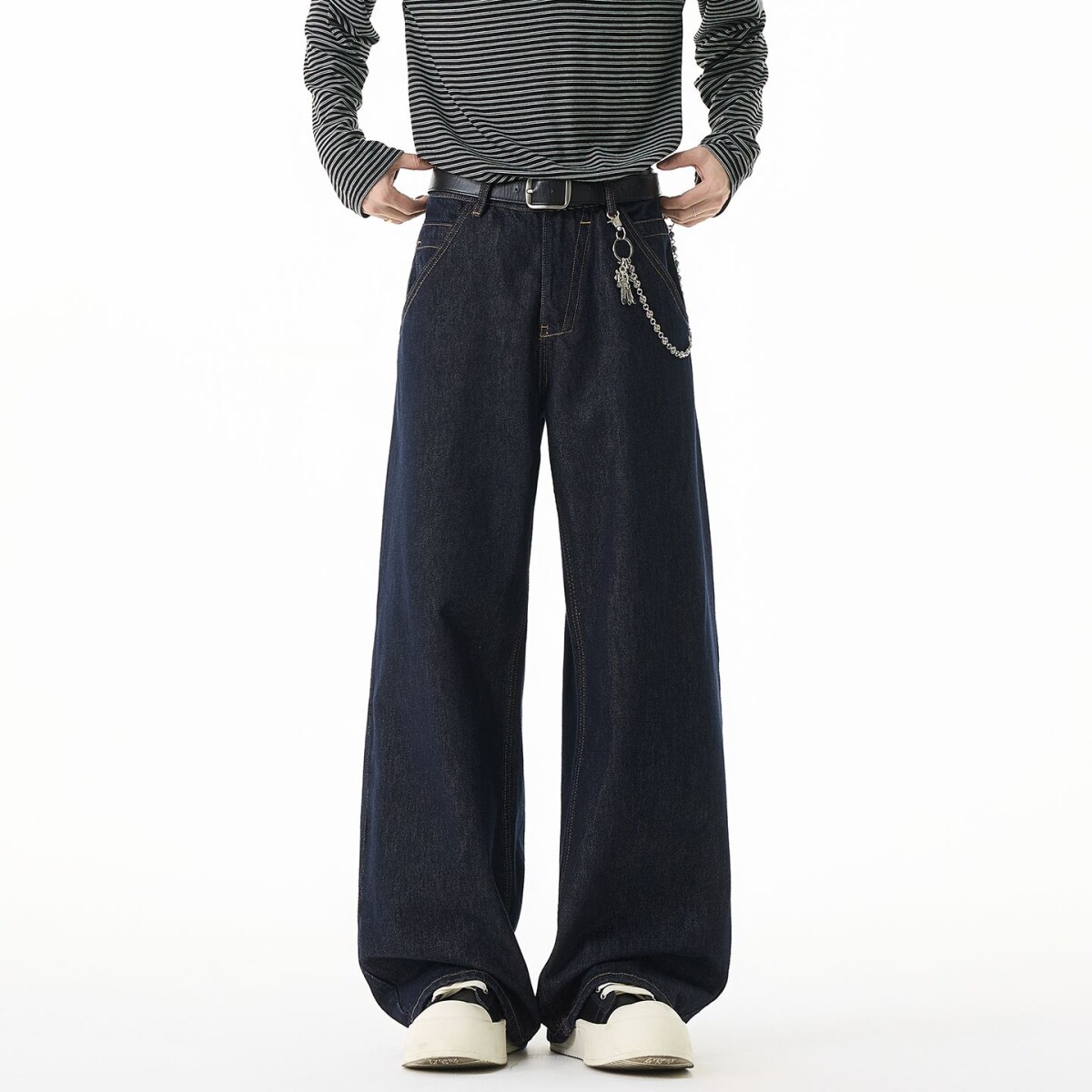 nologo official原牛深蓝阔腿牛仔裤男女同款美式宽松直筒拖地裤