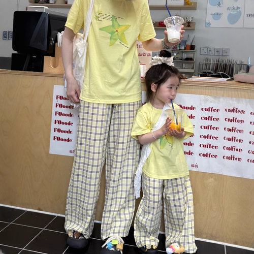2026新款亲子装套装夏季母女装黄色宽松短袖T恤格子长裤休闲休闲