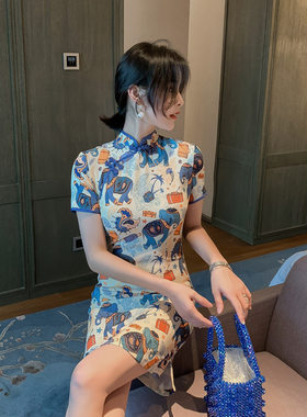 2026新款夏季改良国风短款文艺卡通复古俏皮少女旗袍连衣裙1