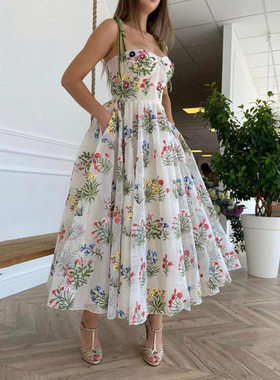 2026新款欧美跨境女装收腰性感交叉带露背吊带裙绣花连衣裙长裙春