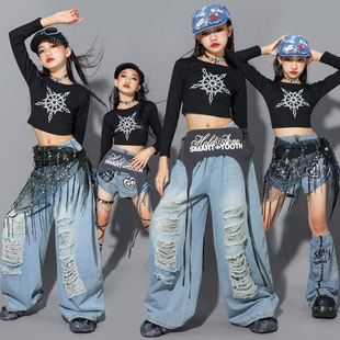 2026新款女童jazz爵士舞演出服儿童街舞表演服装少儿牛仔裤子