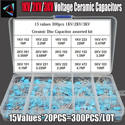 300Pcs 15种值 1KV/2KV/3KV  0.1nF-22nF高压陶瓷盘式电容器配套