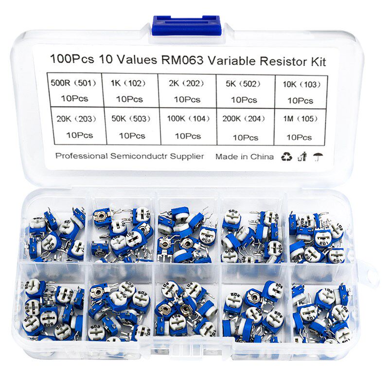 100PCS RM063 立式蓝白电位器可调电阻盒装 10种规格每种各10个