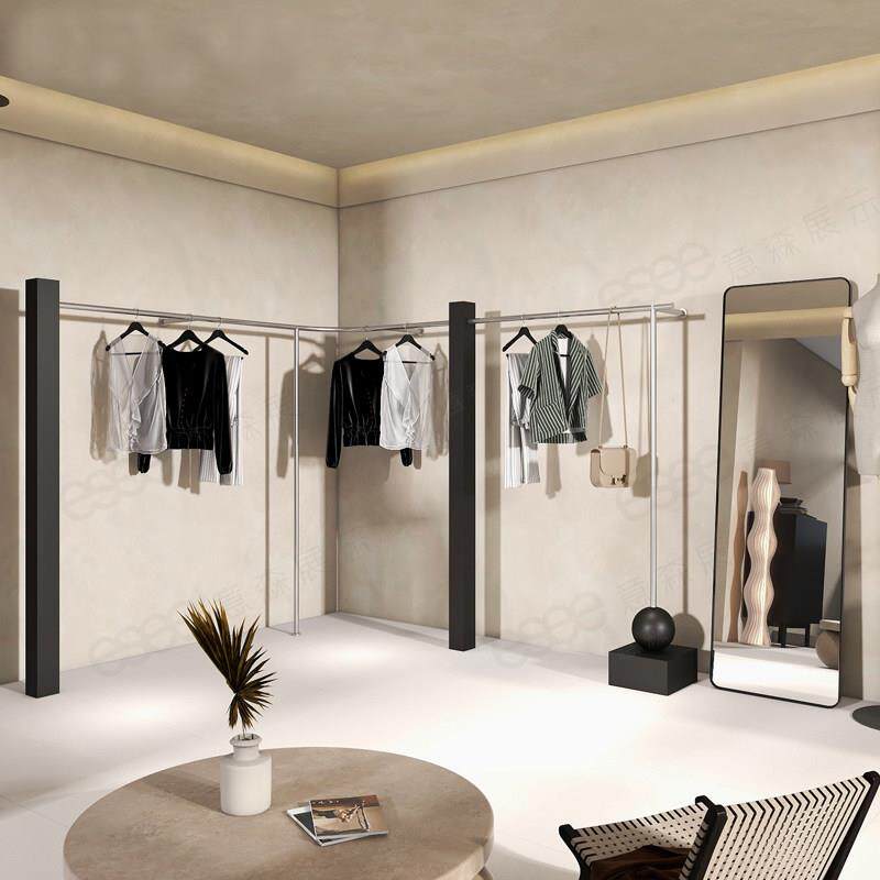 大粗管不锈钢服装店展示架上墙黑色烤漆上墙衣架落地服装陈列侧挂
