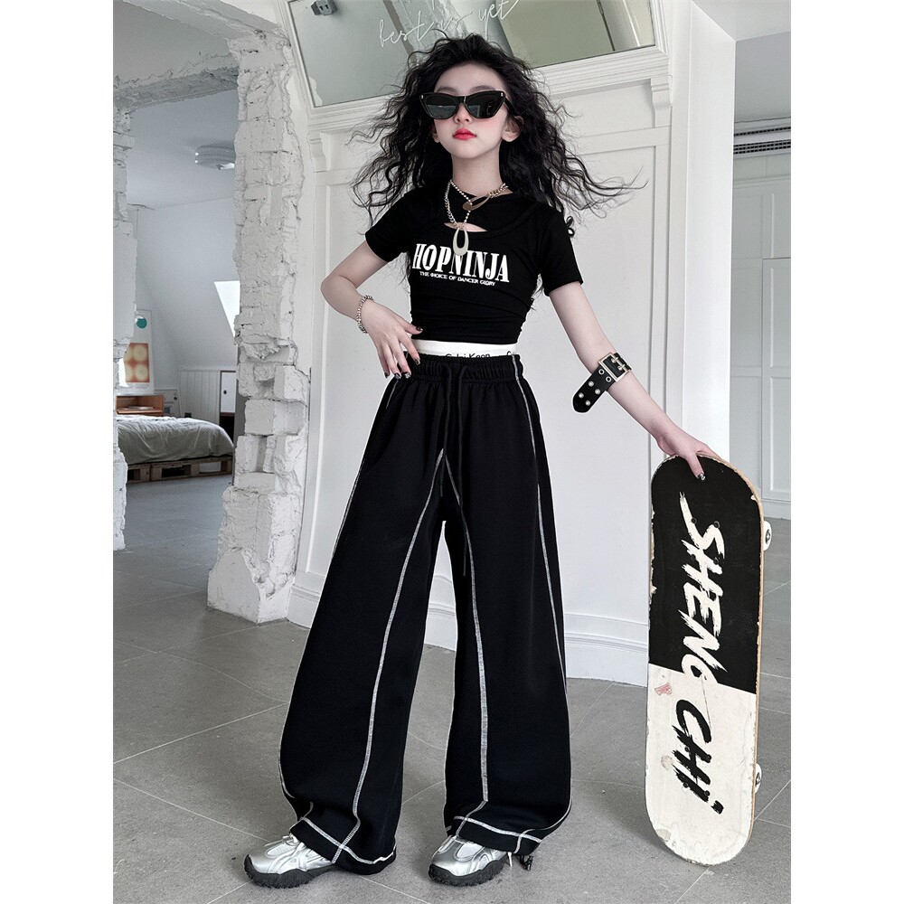 2026新款夏季儿童街舞女童爵士舞服套装jazz黑色短袖白色运动