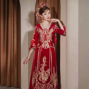 2026新款秀禾服新娘结婚出门服中式礼服V领丝绒秀禾低领小个子高