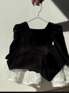 2026新款儿童礼服黑色丝绒花童连衣裙方领长袖公主裙小女孩生日派
