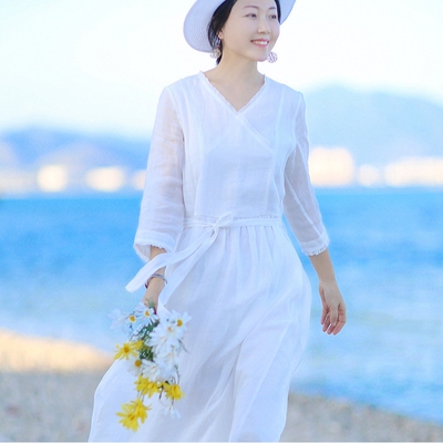 2026新款棉麻女装夏新品白色苎麻V领文艺七分袖连衣裙袍子双层不