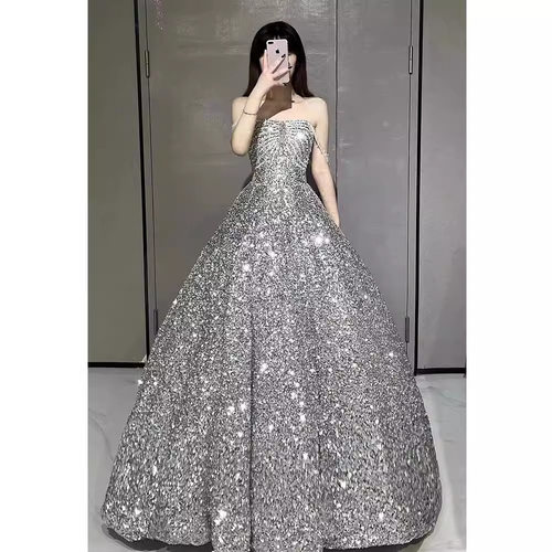 2026新款晚礼服主持人学生日成人礼艺考礼服亮闪闪银色敬酒服新娘