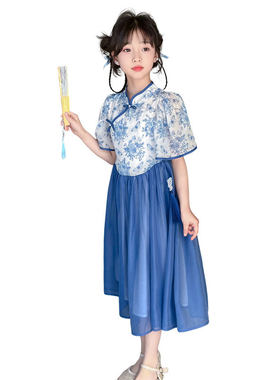 2026新款汉服裙女童儿童古装中国风裙子古风公主女孩青花瓷连衣裙