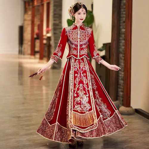 2026新款秀禾服新娘婚服龙凤褂出嫁衣丝绒敬酒服结婚立领高品质