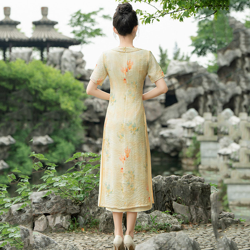 2026新款低领显瘦奥黛国风新中式旗袍改良年轻款女高级感短袖