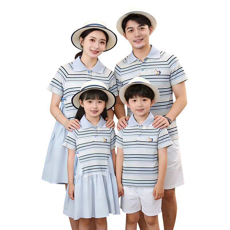 2026新款超火韩系亲子装裙子女款儿童条纹polo连衣裙海边情侣