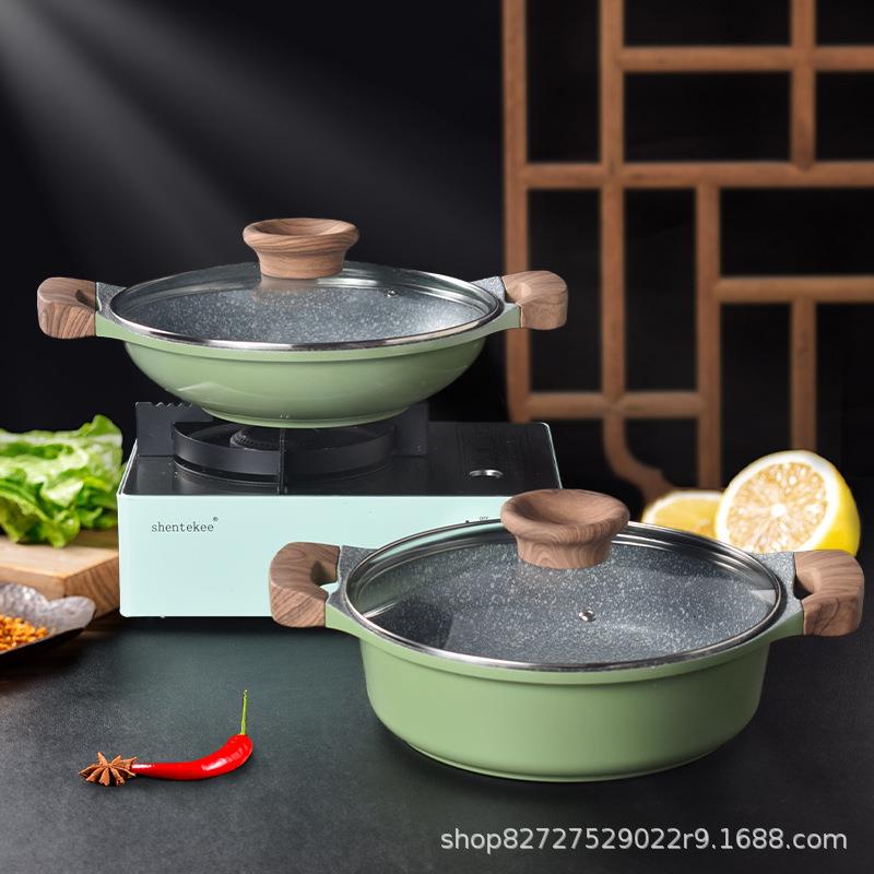 加厚麦饭石汤锅双耳火锅锅家用不粘锅炒菜锅电磁炉电陶炉专用焖锅