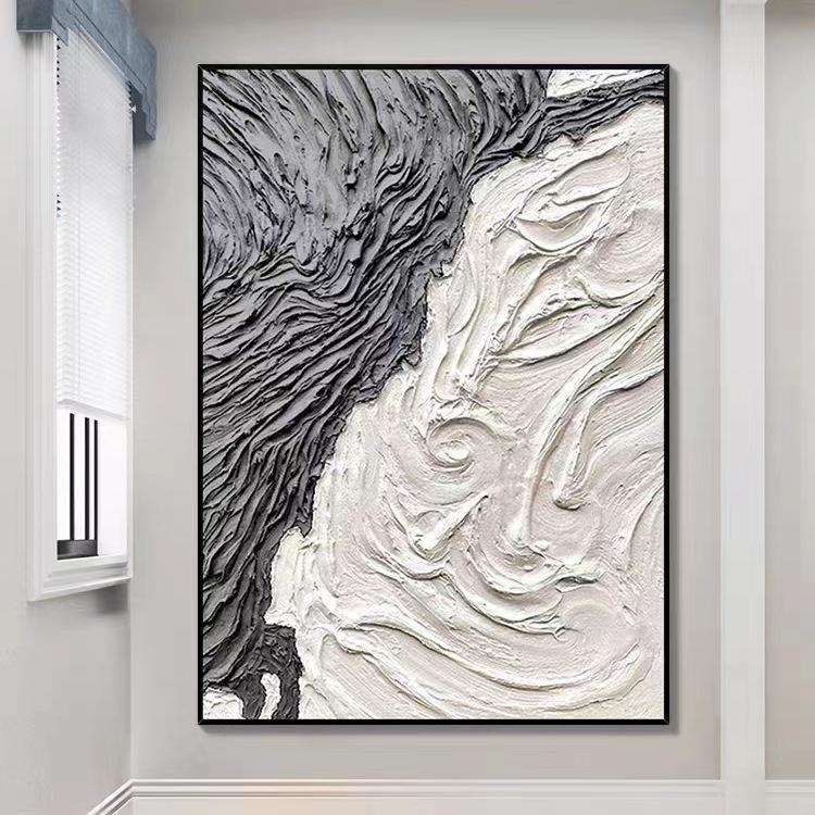 纯手绘黑白灰色装饰画现代极简客厅玄关落地挂画立体肌理抽象油画