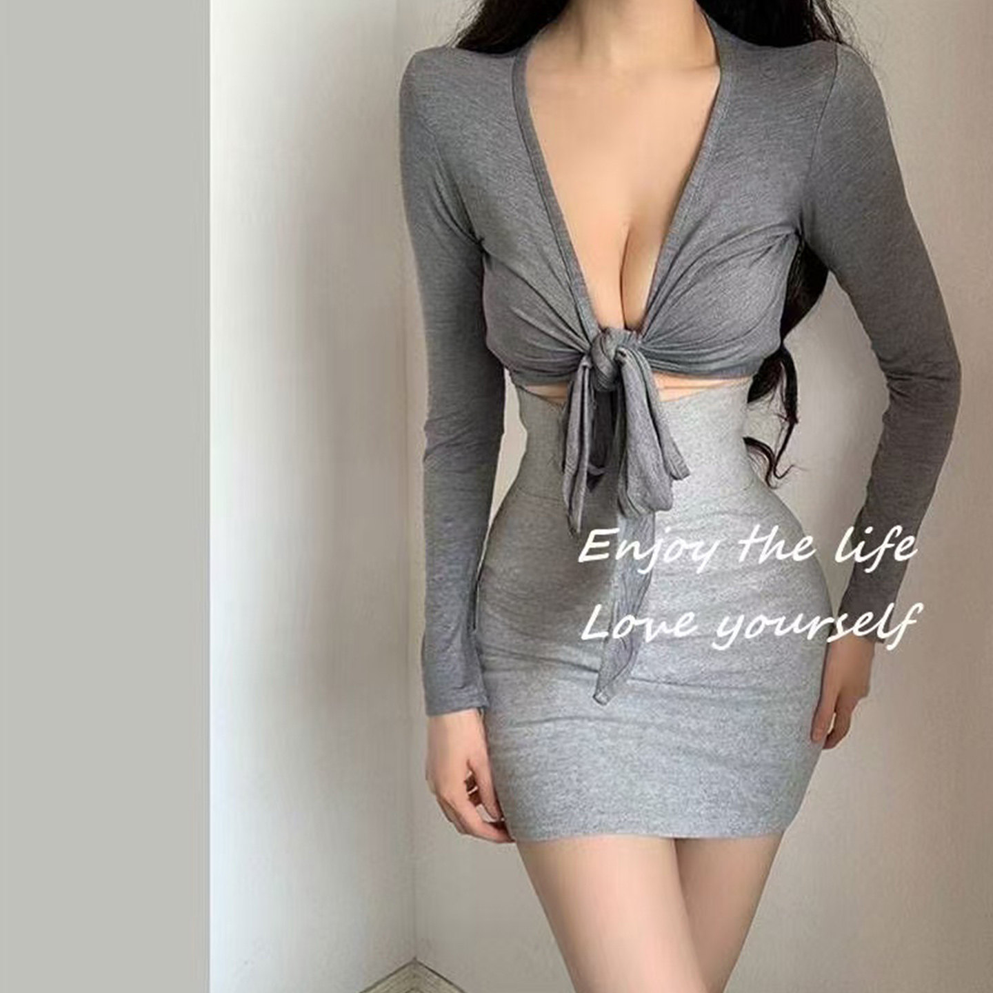 性感风深V领长袖系带T恤莫代尔修身型女灰色镂空收腰修身显瘦上衣