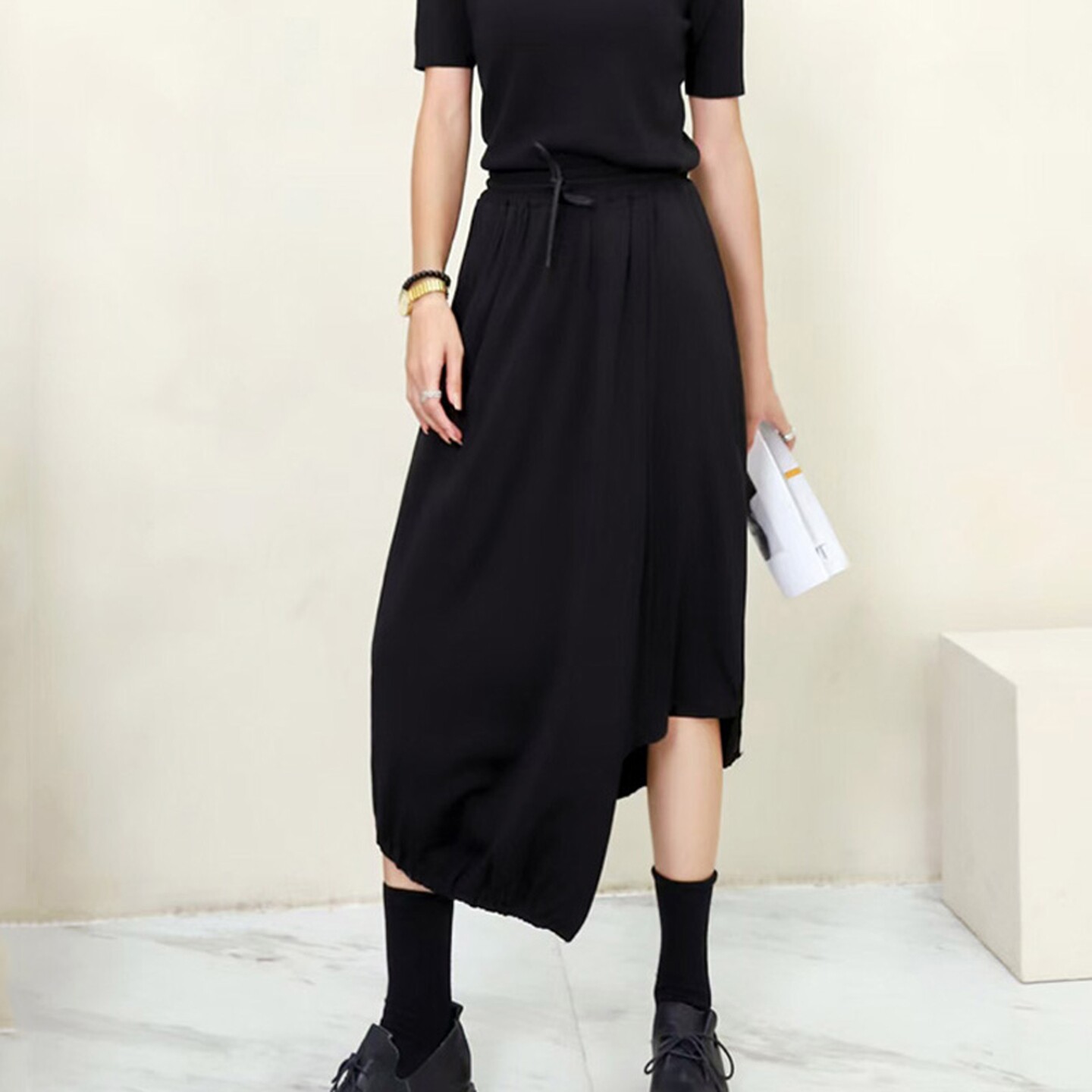 春秋新款运动黑色半身裙女中长款大码a字抽绳不规则下摆休闲卫裙