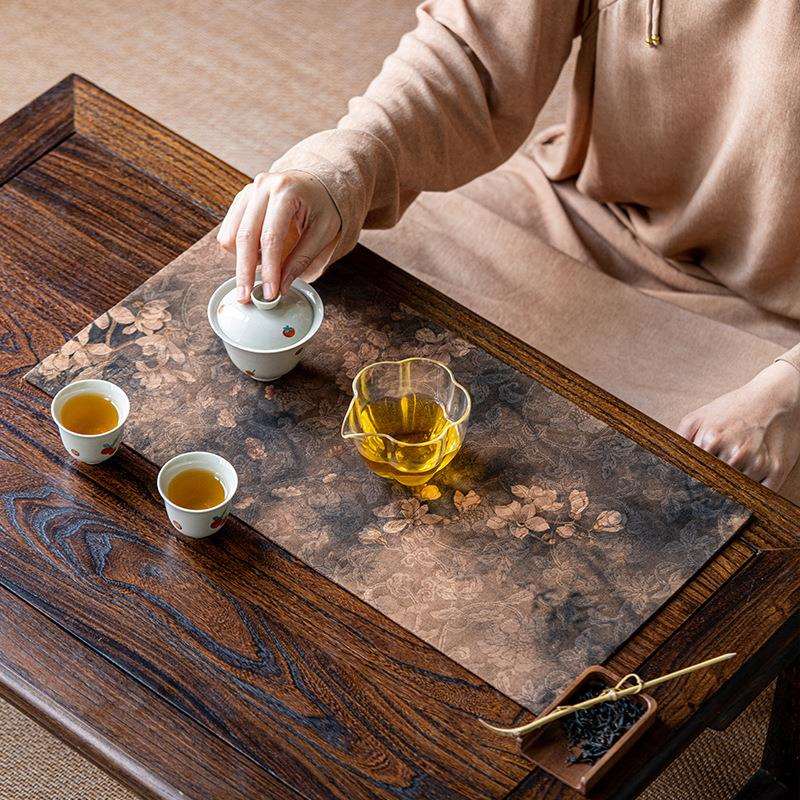 老料香云纱茶席禅意古朴茶花图案桌旗布艺桌布茶布禅心茶艺新中式